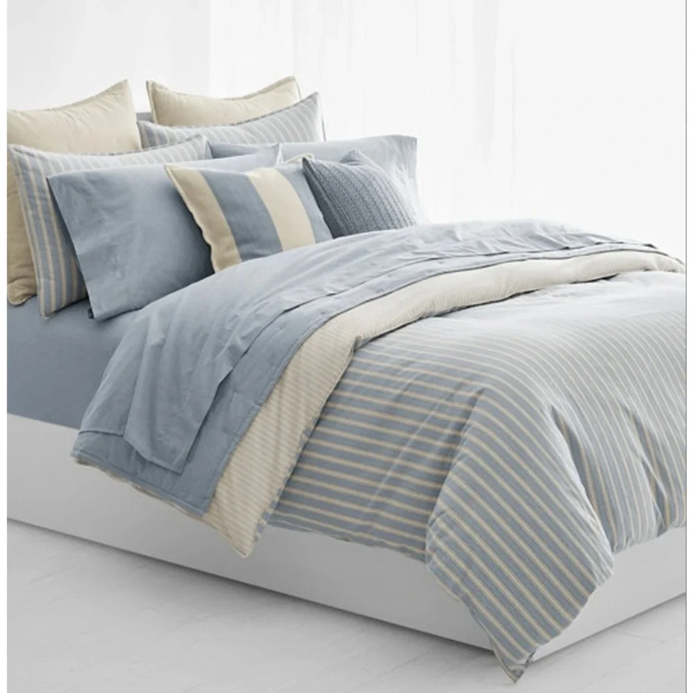 Ralph Lauren Graydon Melange Bold Stripe Full/Queen Duvet Dune Chambray NIP